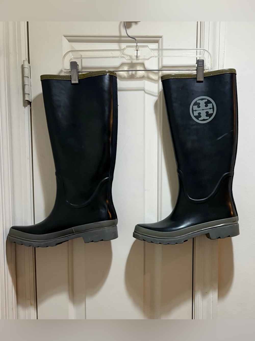 Tory Burch Black Tall Rain Boots with Olive Trim and Gray Soles